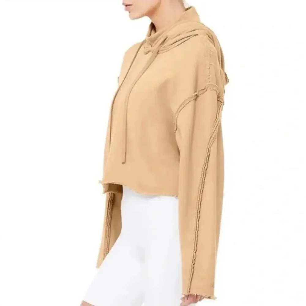 Alo Yoga Effortless Crop Hoodie Funnel Neck Taupe Raw Edge Est Large